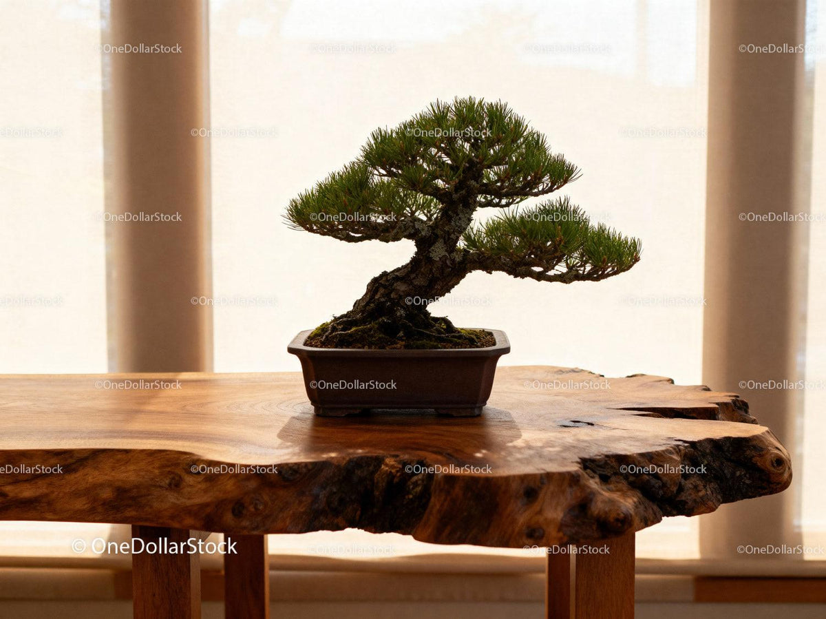 Minimalist Bonsai Tree on Natural Wood Table
