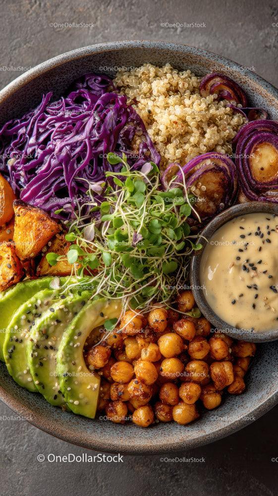 Colorful Quinoa Salad with Avocado Roasted Chickpeas and Microgreens Stock Photo Bundle preview 7