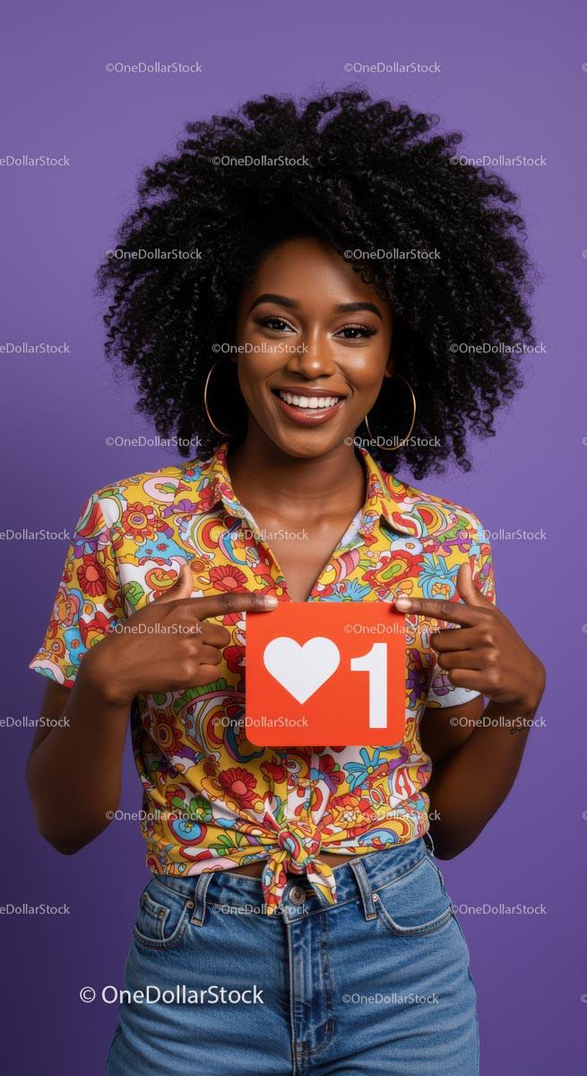 Smiling Woman Holding Heart Sign with Colorful Shirt Against Purple Background Stock Photo Bundle preview 42