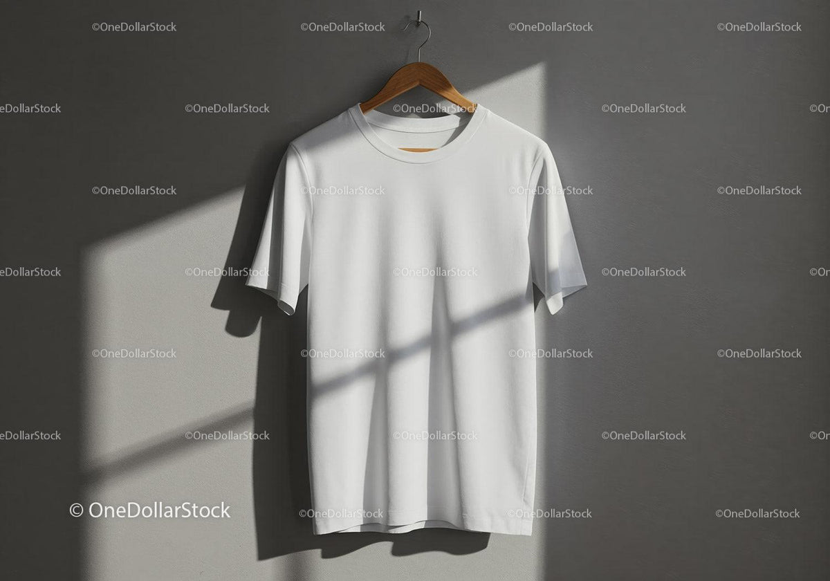 Minimalist White T-shirt Hanging on Wooden Hanger JPG Mockup Image preview