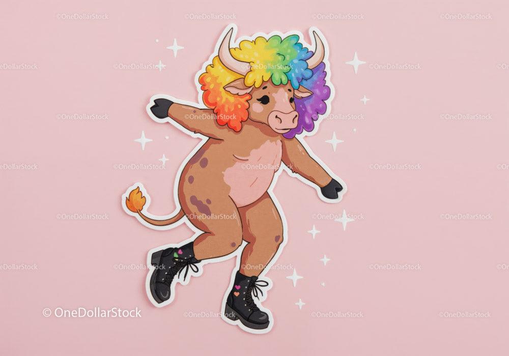 cartoon brown bull with rainbow afro and black boots on pink background with sparkles