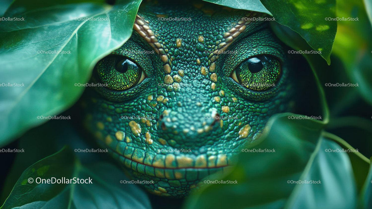 Green reptile face with orange spots surrounded by dark green leaves