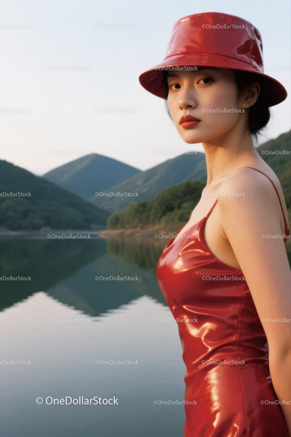 Fashionable Woman in Red Leather Dress by Lake with Mountain Background Stock Photo Bundle preview 7
