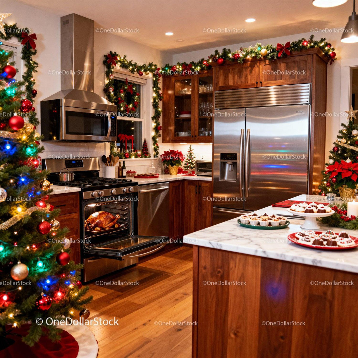 Festive Kitchen with Christmas Tree and Roast Turkey Baking