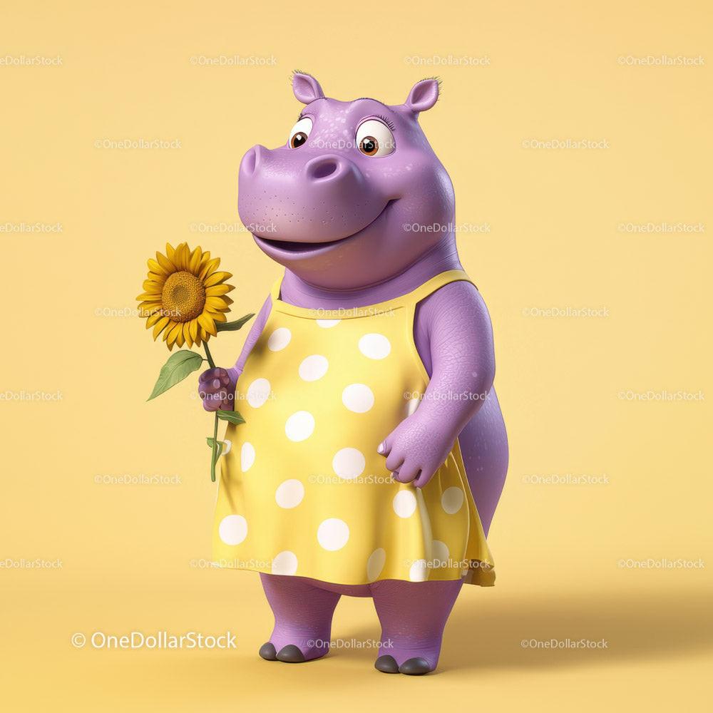 Cute Cartoon Hippo Holding Sunflower in Yellow Dress for Kids Illustration Stock Photo Bundle preview 25