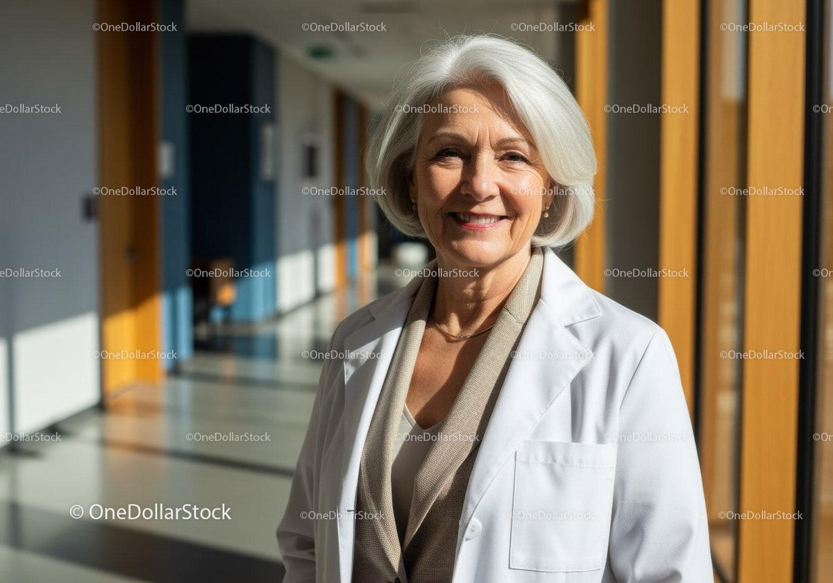 Smiling Elderly Woman Healthcare Professional in Bright Hospital Corridor
