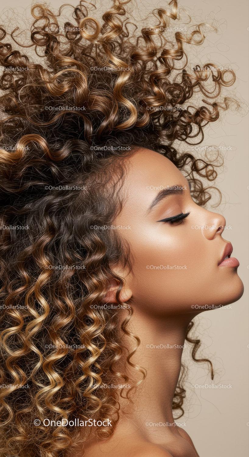 Profile of young woman with voluminous curly hair
