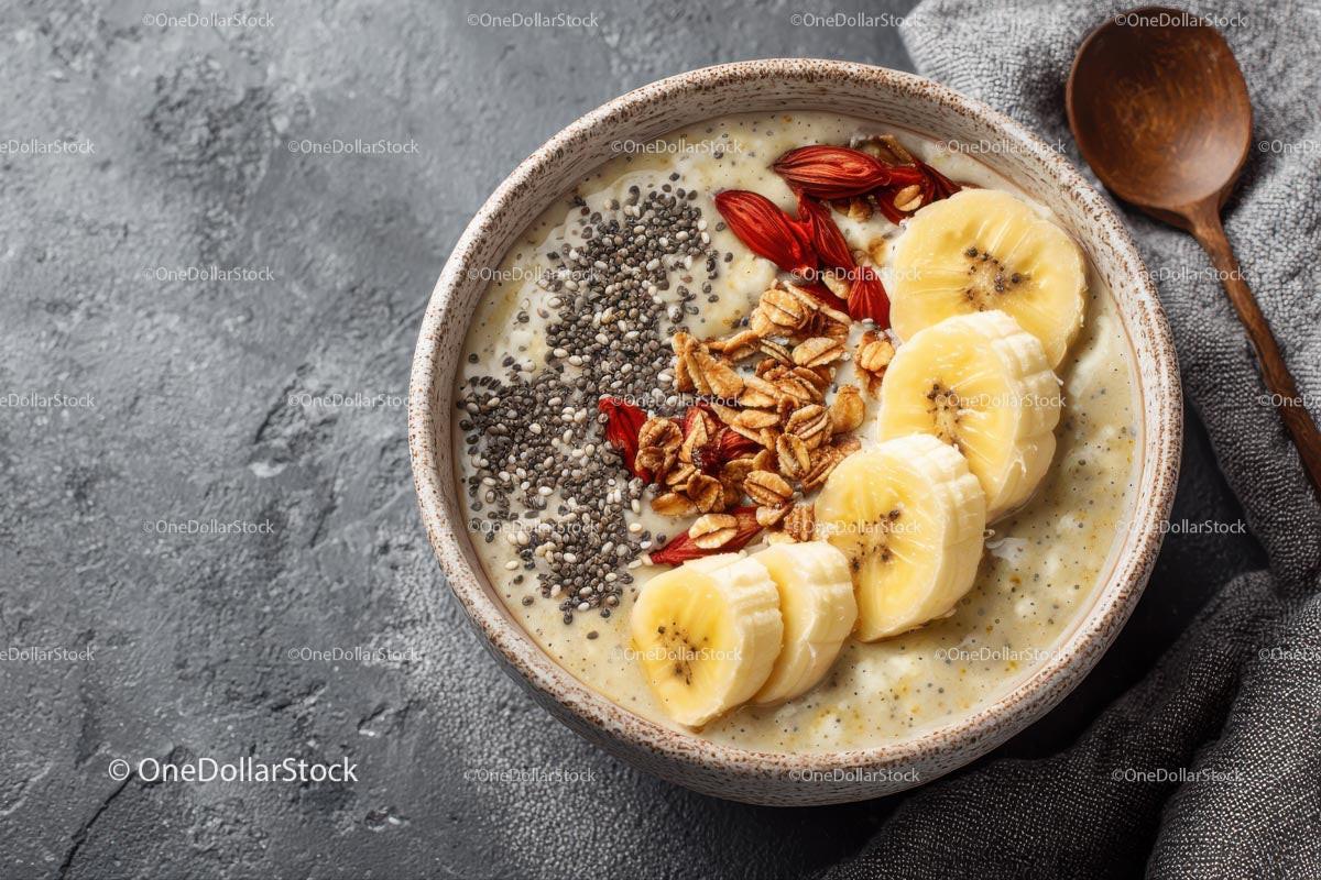 stock photo bundle made with Delicious Tropical Smoothie Bowl with Banana and Chia Seeds Stock Photo Bundle