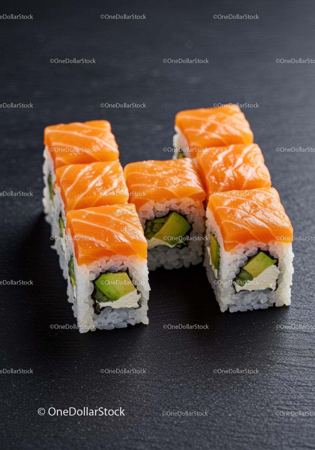 Fresh salmon sushi rolls with avocado and cream cheese