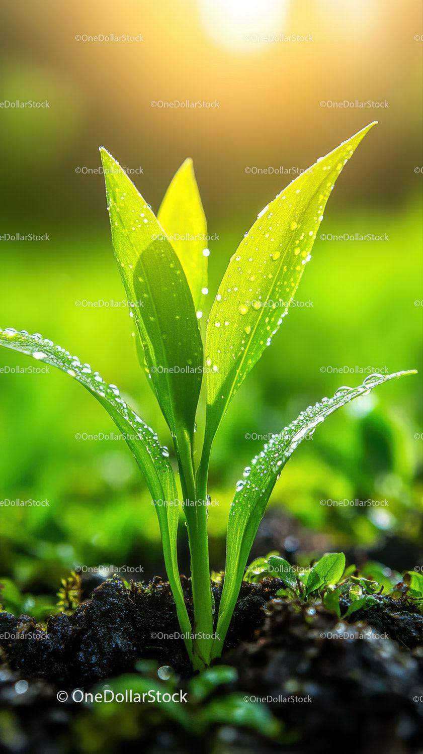 stock photo bundle made with Fresh Green Seedling with Dew Drops in Natural Soil Landscape Stock Photo Bundle
