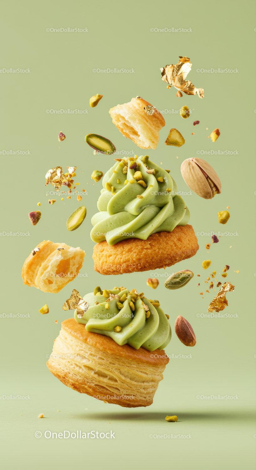 Pistachio Cream Puff Pastries with Crunchy Toppings