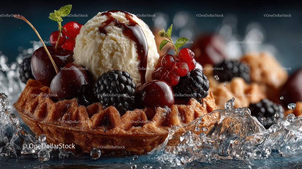 Berry Topped Waffle with Ice Cream and Chocolate Syrup