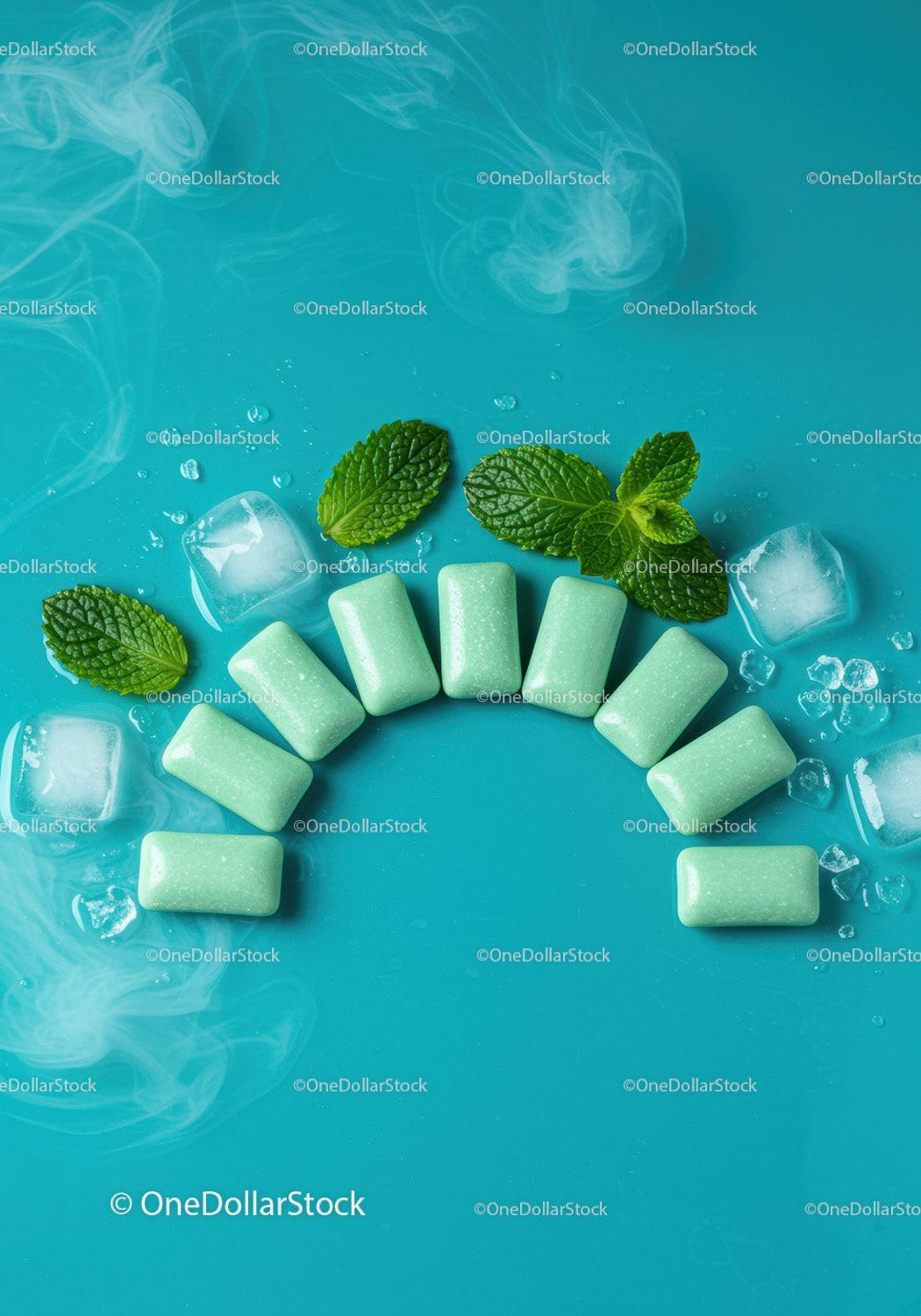 Fresh Mint Gum with Ice Cubes and Green Leaves