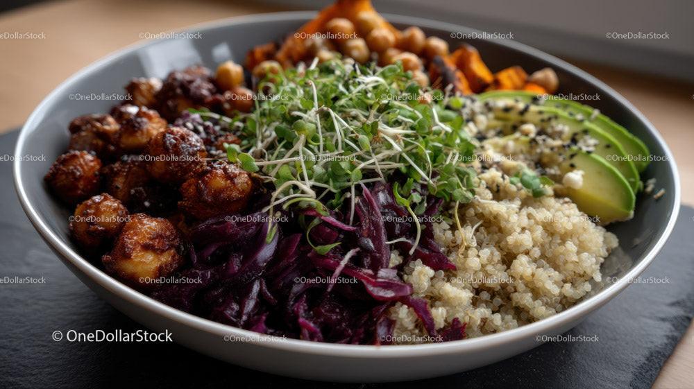 Vibrant Vegan Bowl with Quinoa, Sweet Potatoes and Microgreens