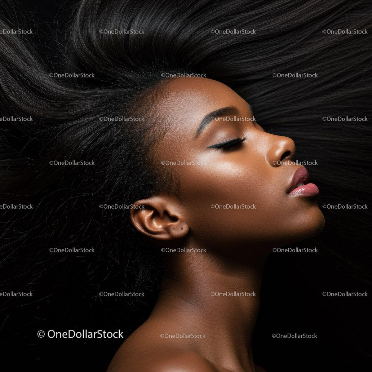 Profile of serene woman with flowing natural hair