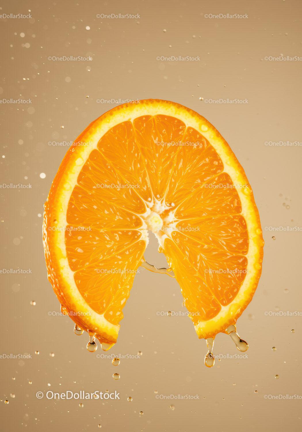 Fresh orange slice dripping juice in motion