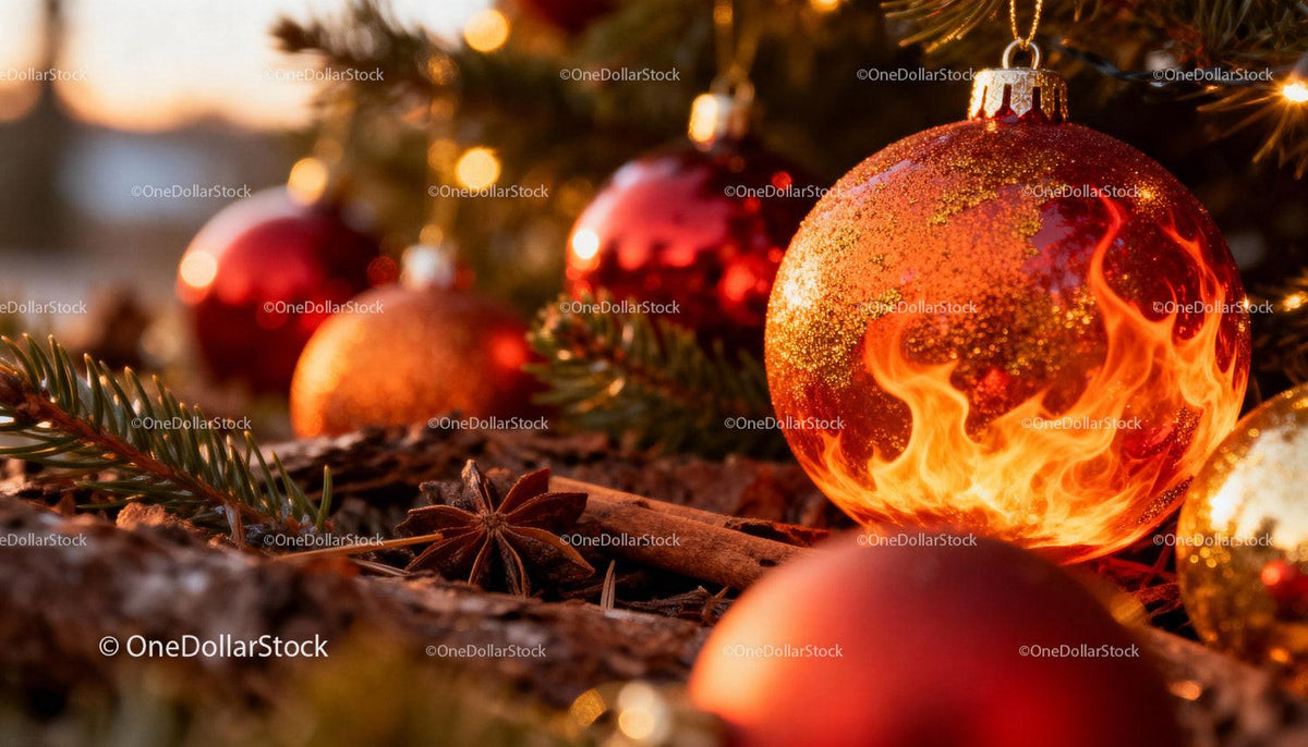 Close-up of Christmas Ornaments with Fiery Glow
