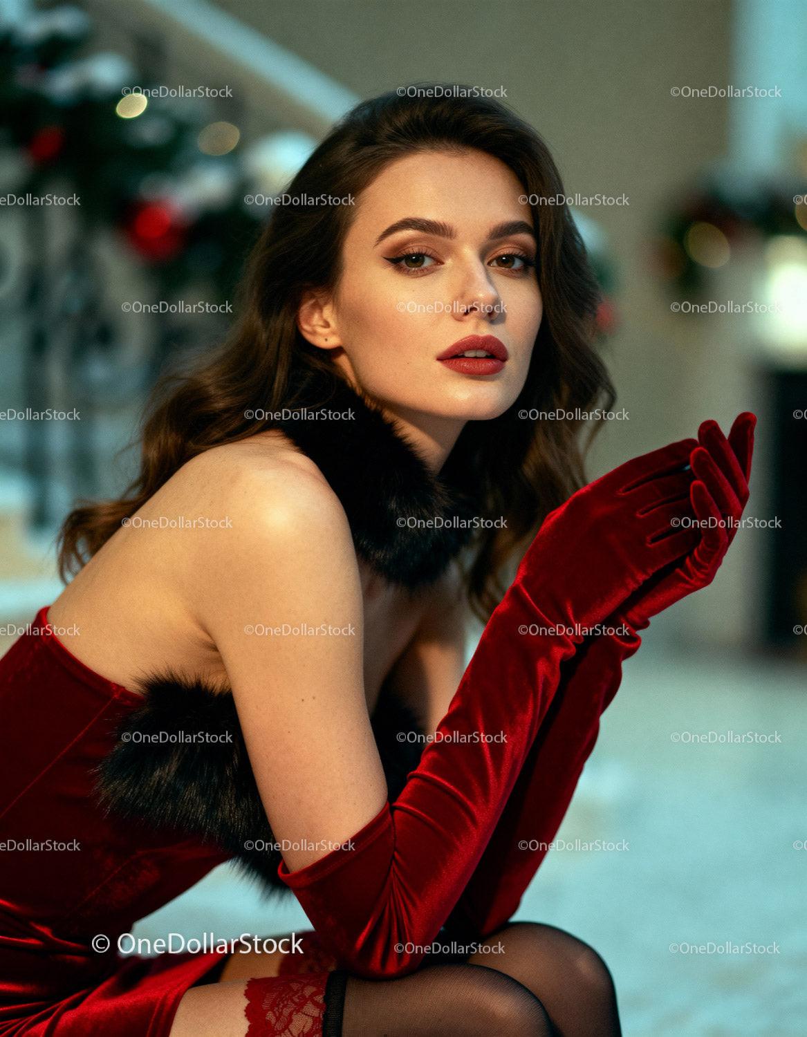 Elegant woman in red velvet dress and gloves pose