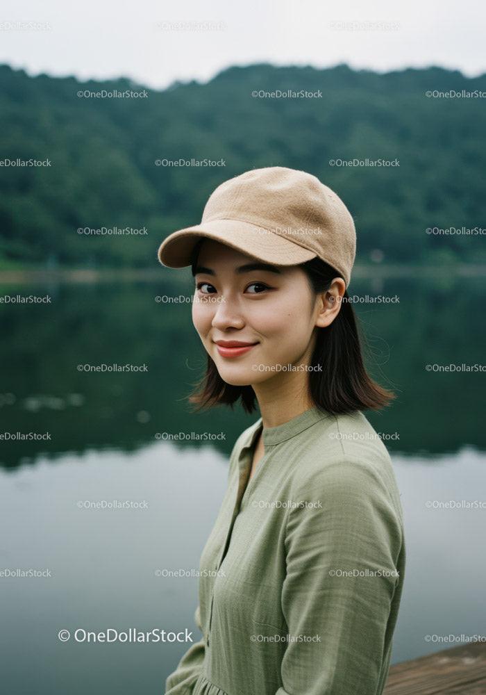 Smiling Woman in Casual Outfit Near Lake with Greenery Background