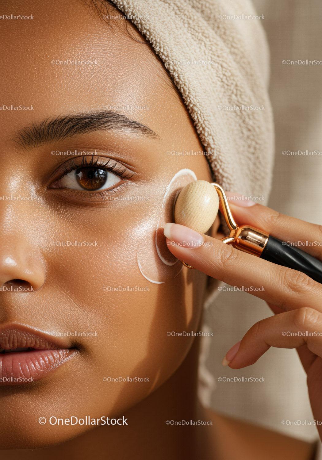 Close-Up of Woman Using Facial Roller on Cheek for Skin Rejuvenation