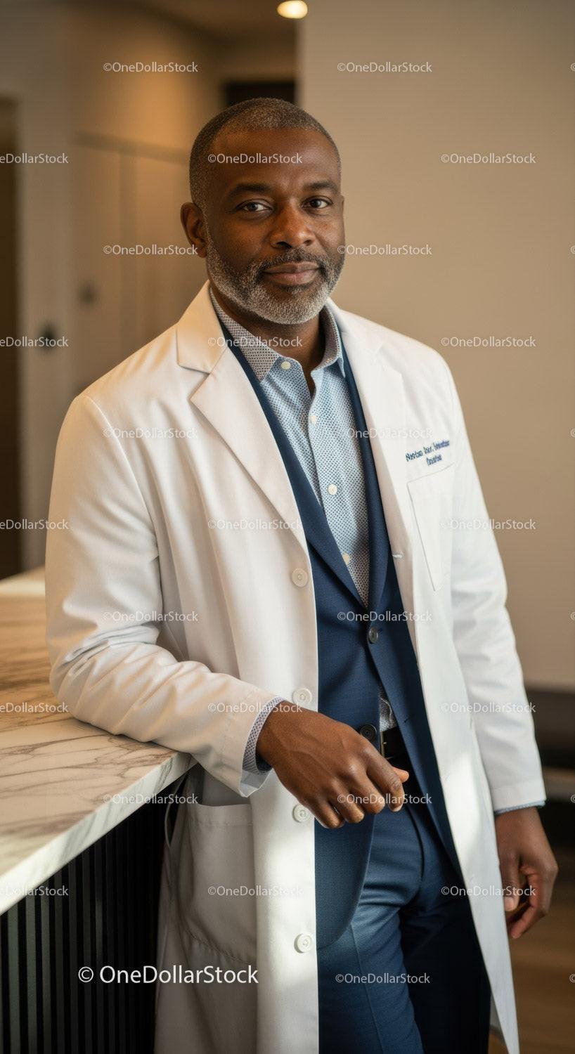Senior Male Doctor Standing in Hospital Lobby for Professional Healthcare Image