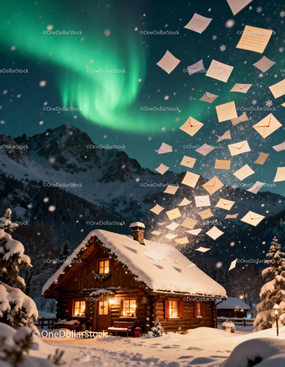 Cozy snowy cabin with northern lights and flying letters