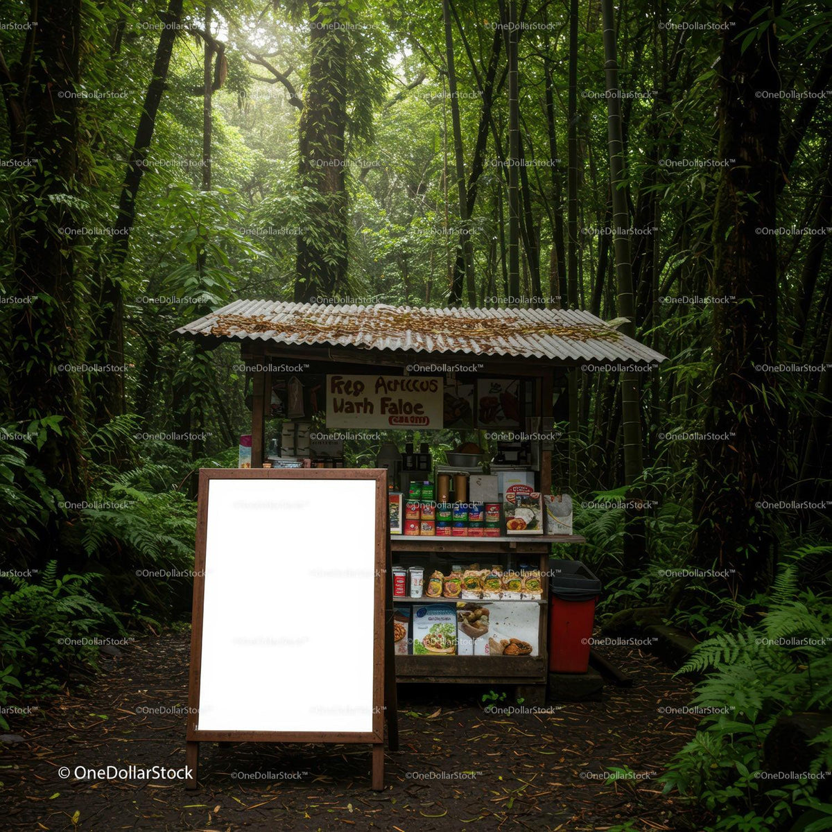 Small Food Stand Surrounded by Lush Green Forest JPG Mockup Image preview