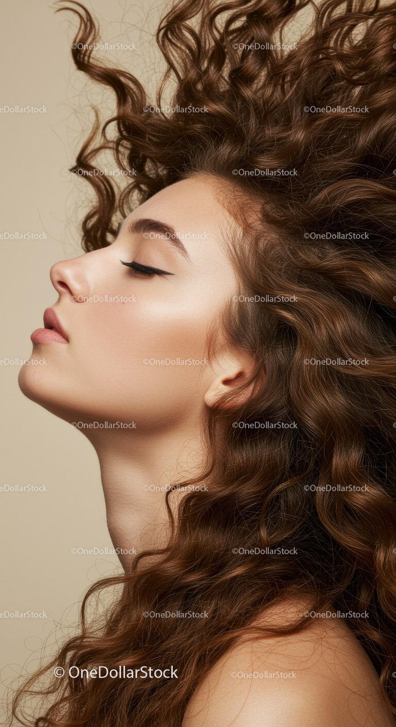 Profile of calm young woman with voluminous curly hair