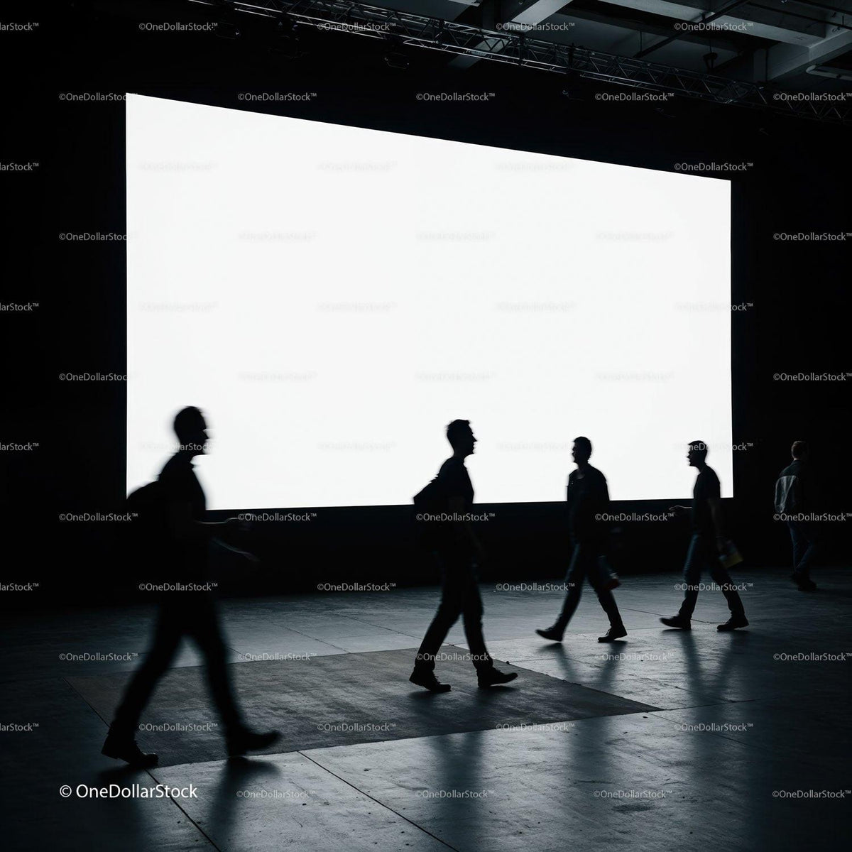 Silhouettes of people walking past a large blank screen JPG Mockup Image preview