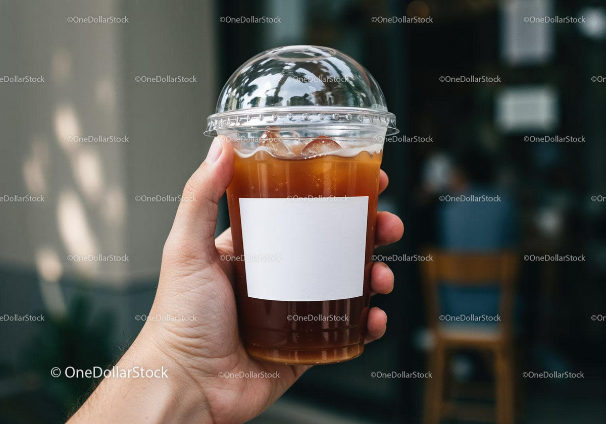 Hand Holding Iced Coffee in Plastic Cup with Dome Lid JPG Mockup Image preview