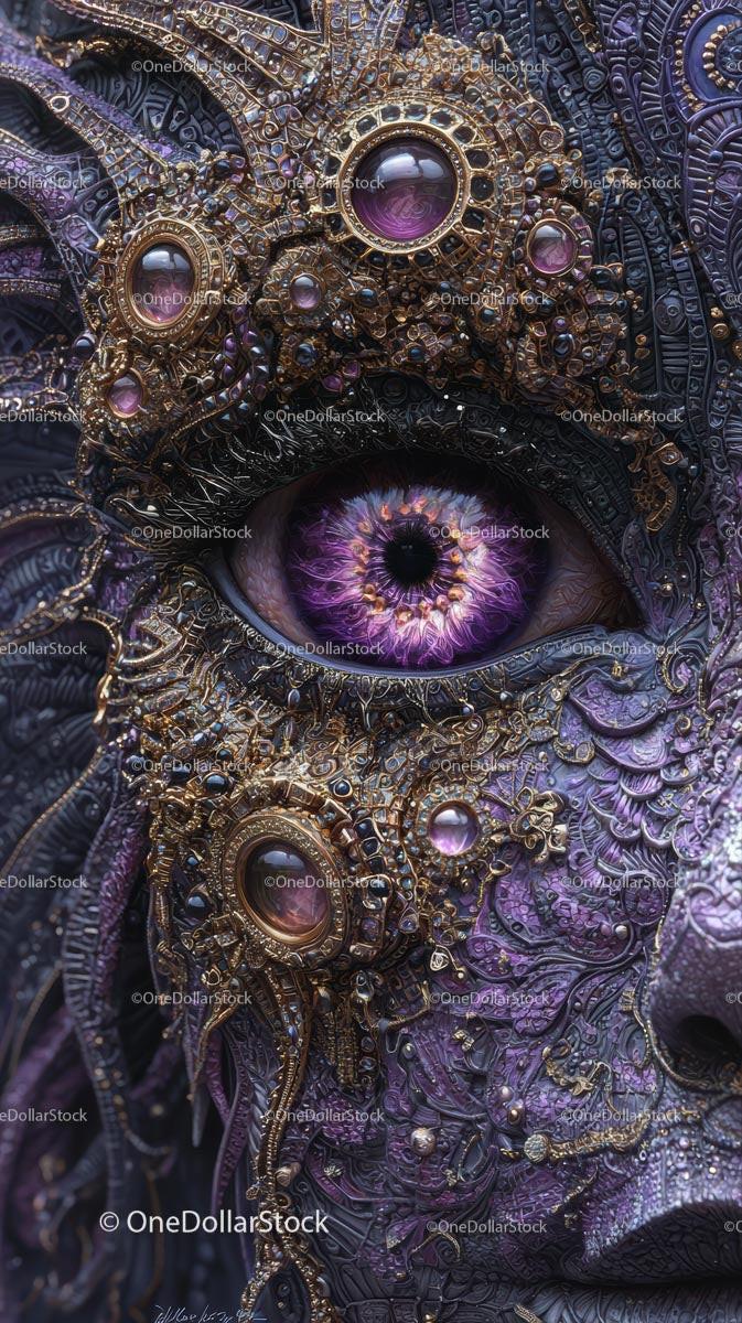 Close-up of an Artistic Steampunk Face with Purple Eye and Gold Jewelry