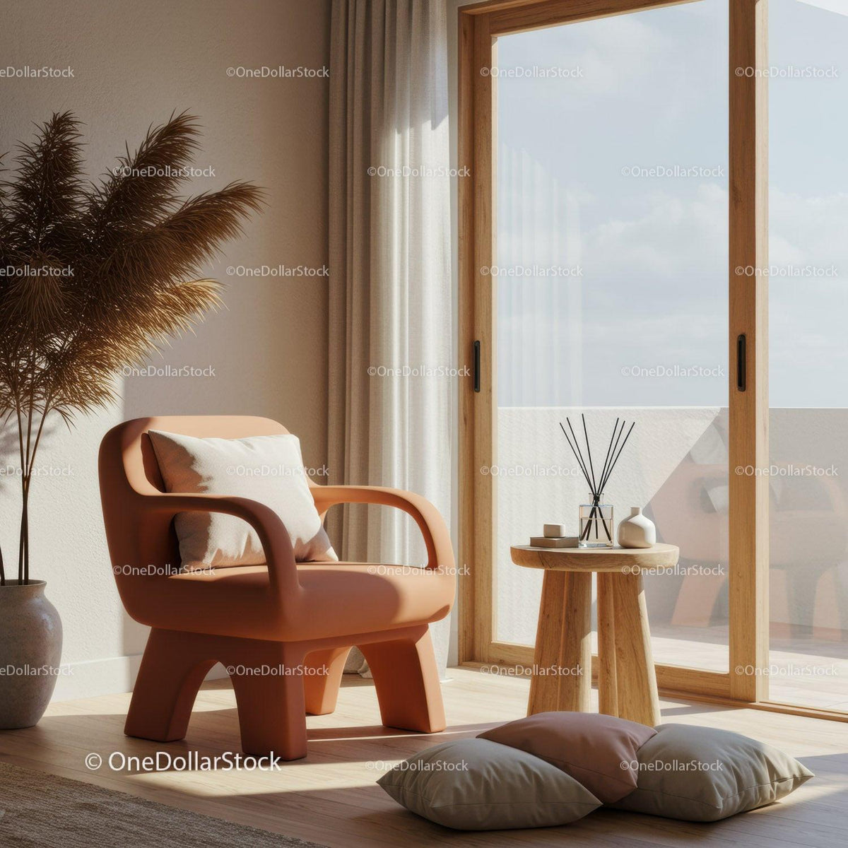 Cozy modern chair with soft cushions by bright window