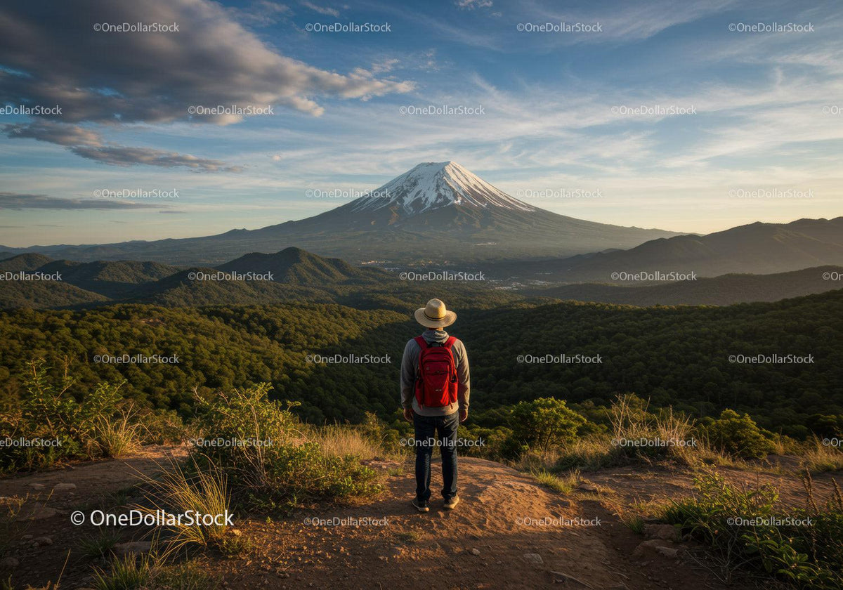 Scenic Mountain Landscape with Solo Hiker and Snow-Capped Peak