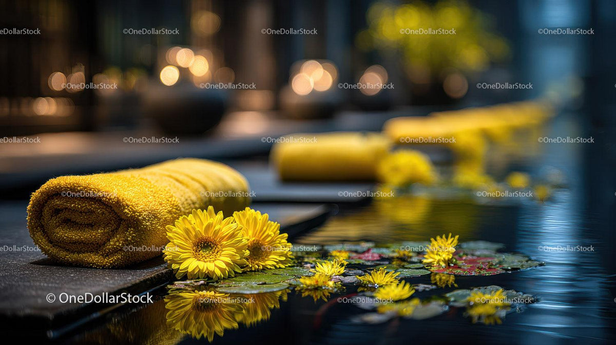 Serene Outdoor Spa Scene with Yellow Towel and Water Lilies Stock Photo Bundle preview 20