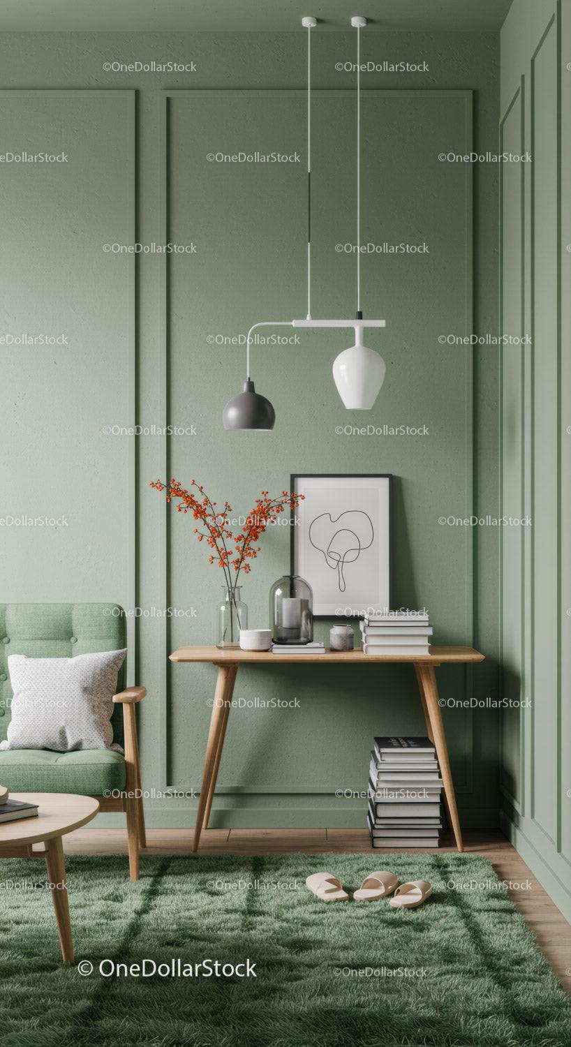 Stylish Green Living Room with Modern Decor and Wooden Furniture