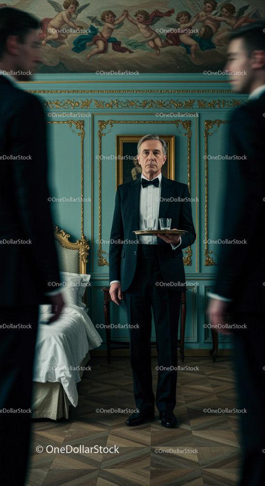 Elegant Waiter in a Luxurious Vintage Setting Serving Drinks Stock Photo Bundle preview 14