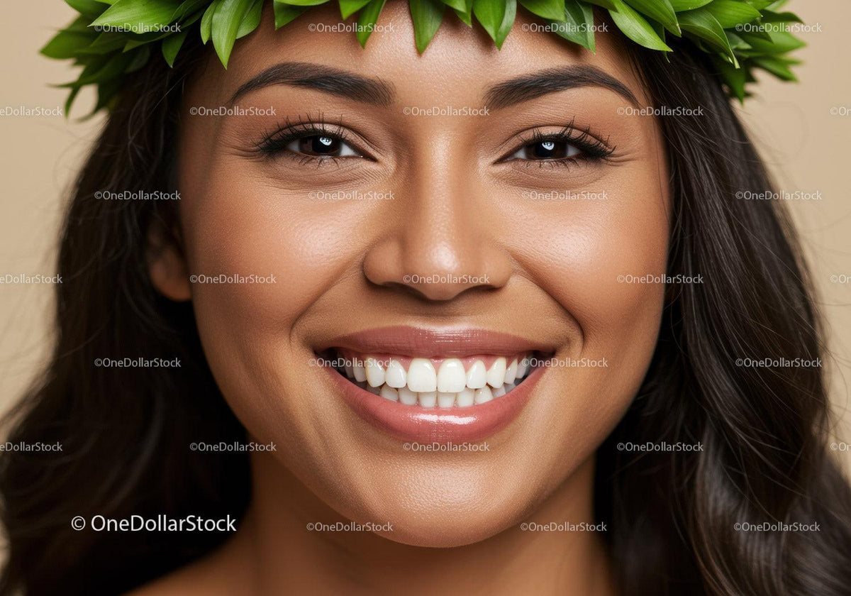 Beautiful woman smiling with green leaf crown