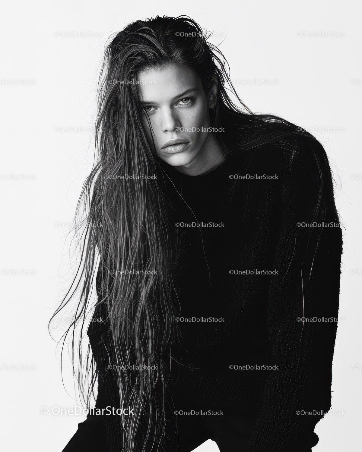 Black and White Portrait of Young Woman with Long Wet Hair