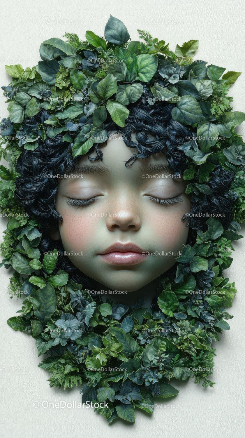 Serene face with closed eyes and curly hair surrounded by green leaves on neutral background