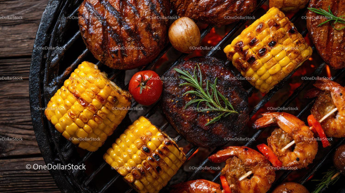 Assorted Grilled Meats and Vegetables with Corn and Shrimp on Barbecue