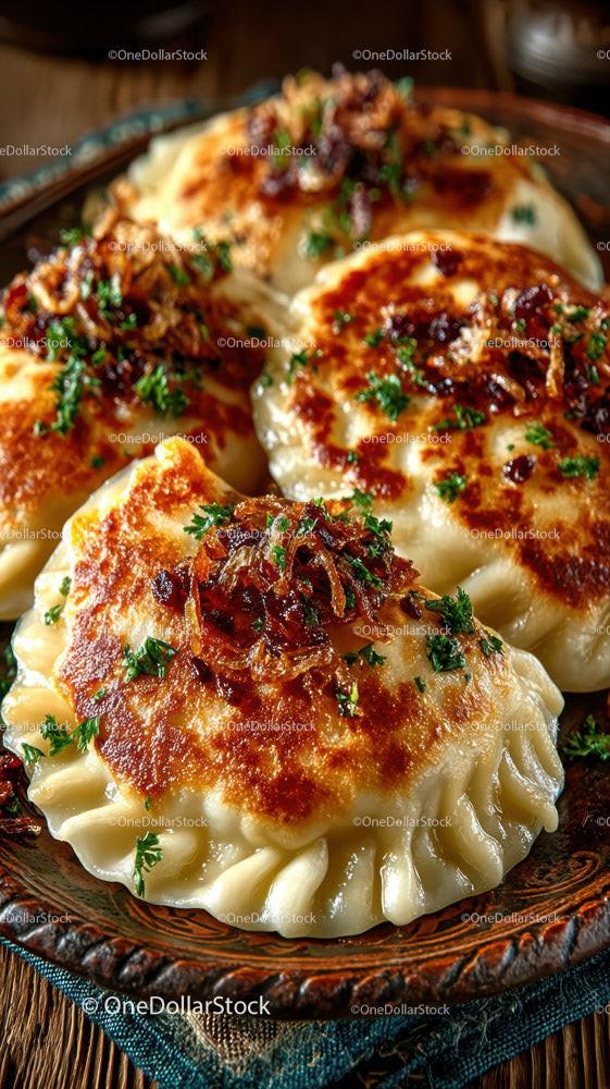 Delicious Fried Potstickers with Soy-Glazed Onion Garnish in a Rustic Bowl Stock Photo Bundle preview 21