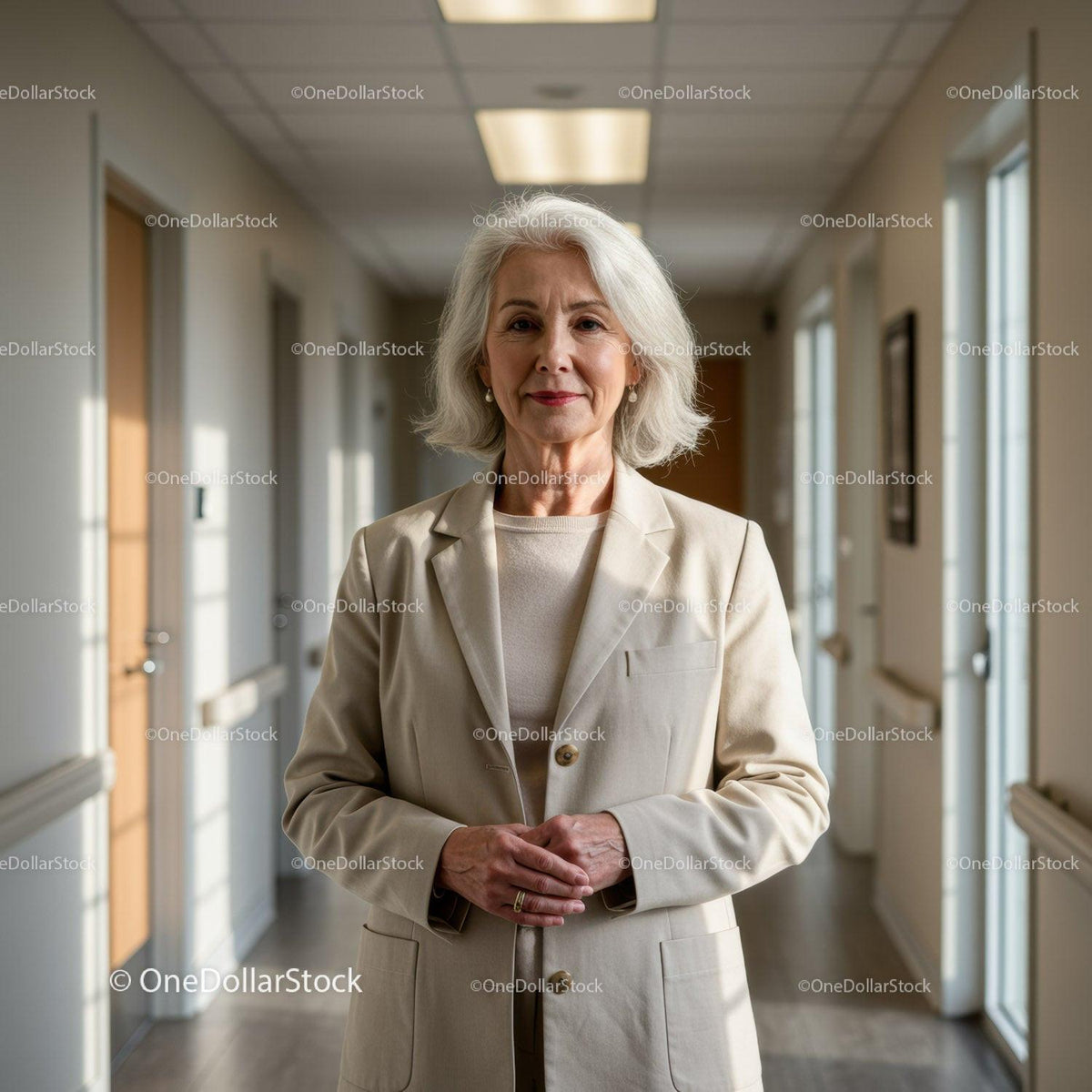 Professional Elderly Woman in Office Corridor with Confident Expression