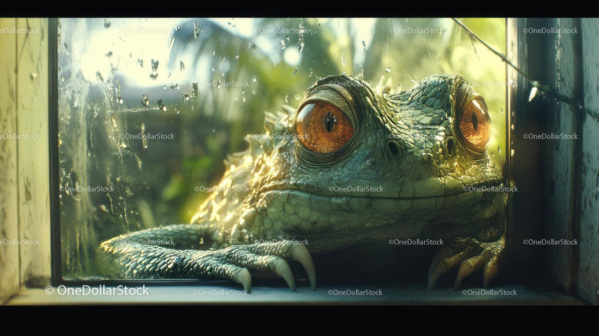 Large green lizard with orange eyes peering through wet glass window
