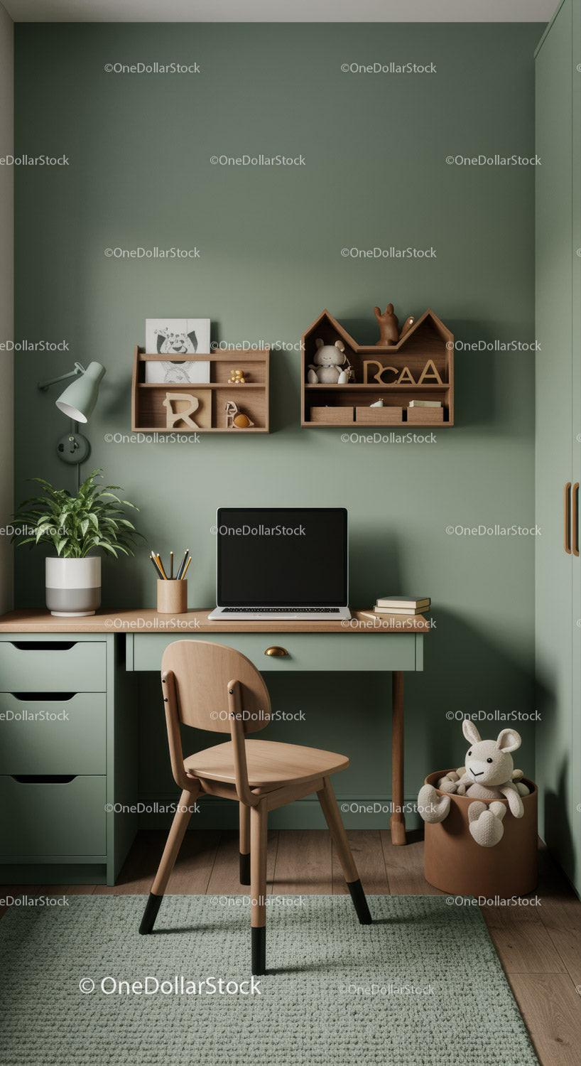 Children's Study Corner with Wooden Desk and Green Walls