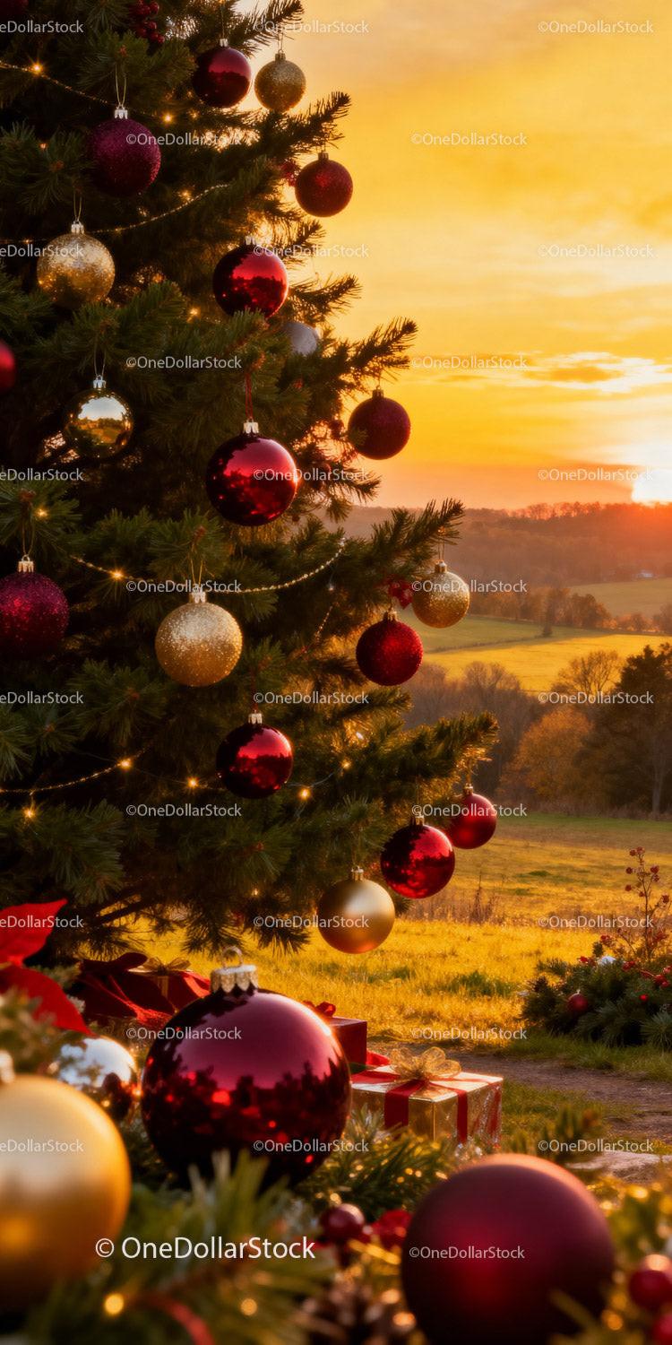 Christmas Tree with Ornaments at Golden Sunset