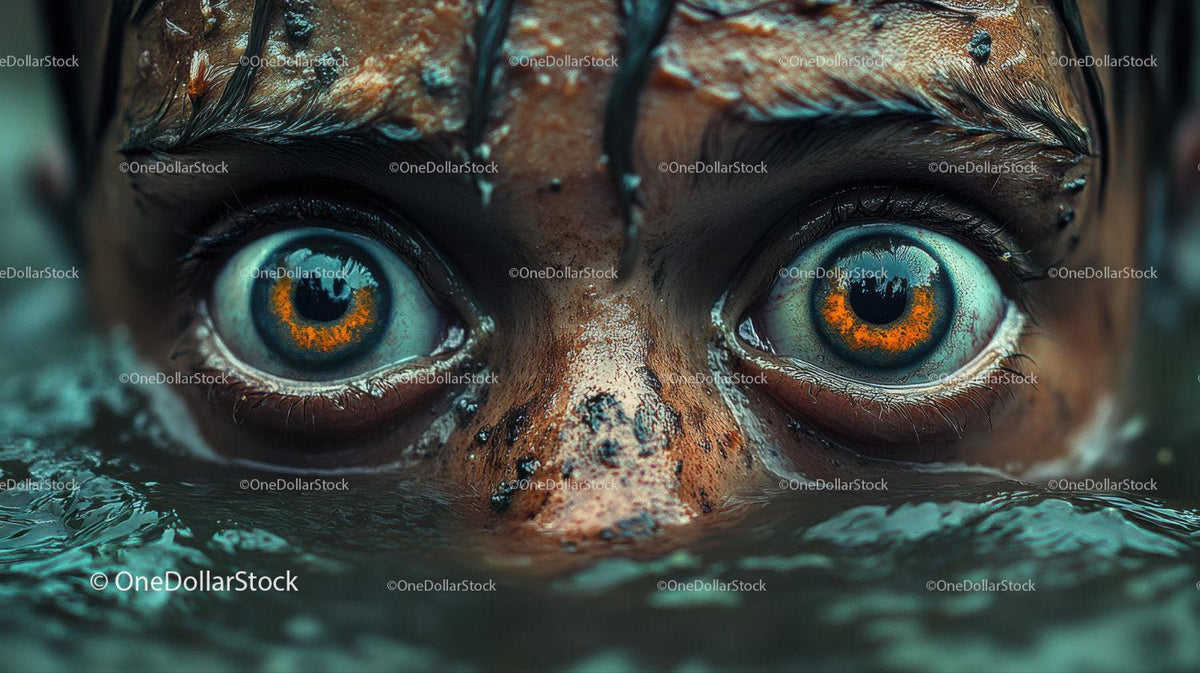 Close-up of intense orange eyes with wet skin and mud above dark water surface