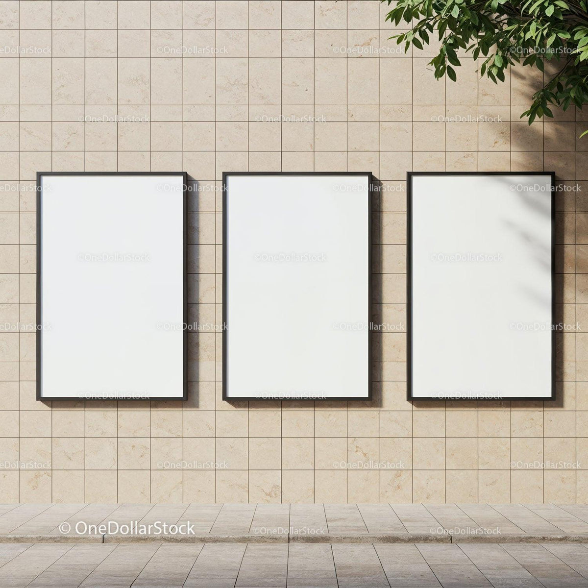 Three blank vertical posters on beige tiled wall JPG Mockup Image preview