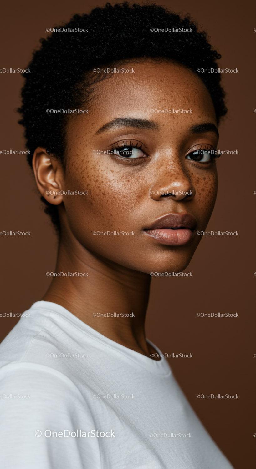 Close-up of a Young African American Woman with Freckles and Short Curly Hair