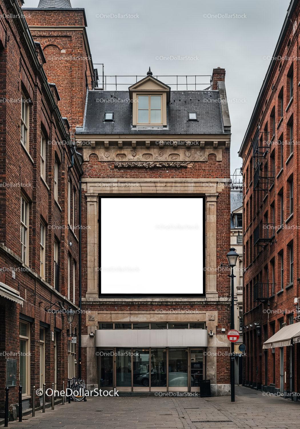 Historic brick building with blank billboard in narrow street JPG Mockup Image preview