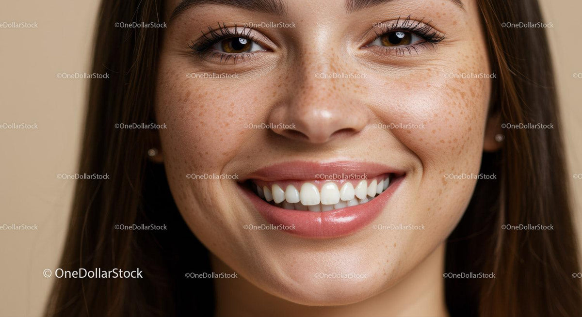 Close-up of smiling woman with freckles and natural skin